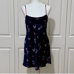 Vintage Natori Navy Floral Butterfly Satin Chemise Slip Mini Dress M